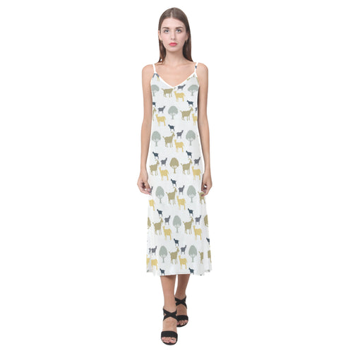 Silhouettes of goat and tree pattern V-Neck Open Fork Long Dress