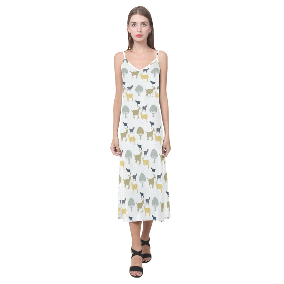 Silhouettes of goat and tree pattern V-Neck Open Fork Long Dress