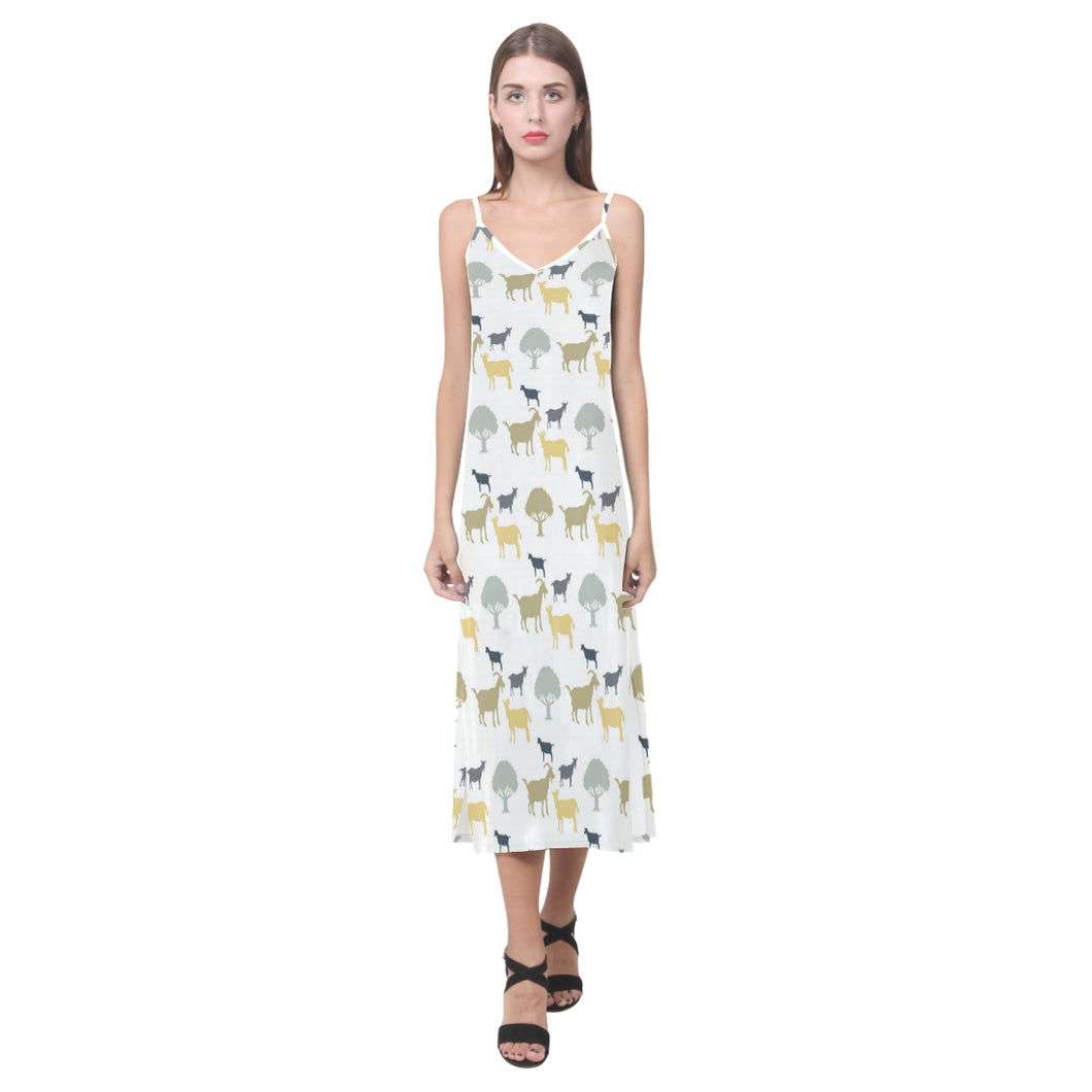 Silhouettes of goat and tree pattern V-Neck Open Fork Long Dress