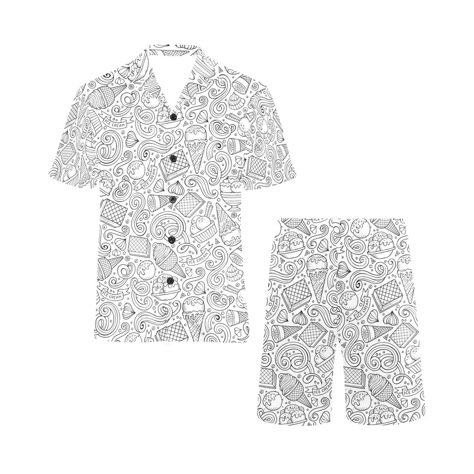 Cartoon hand drawn ice cream black white Men's V-Neck Short Pajama Set
