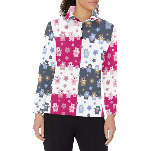 Teddy Bear Pattern Print Design 03 Women's Long Sleeve Polo Shirt
