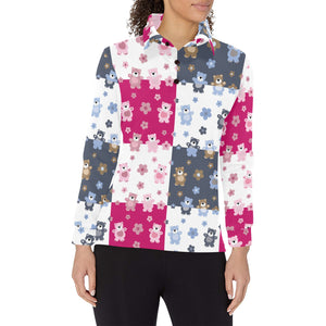 Teddy Bear Pattern Print Design 03 Women's Long Sleeve Polo Shirt