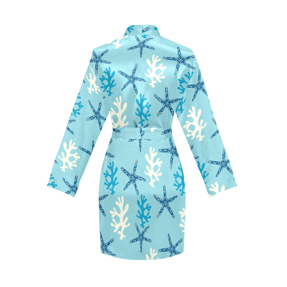 Blue starfish coral reef pattern Women's Long Sleeve Belted Night Robe