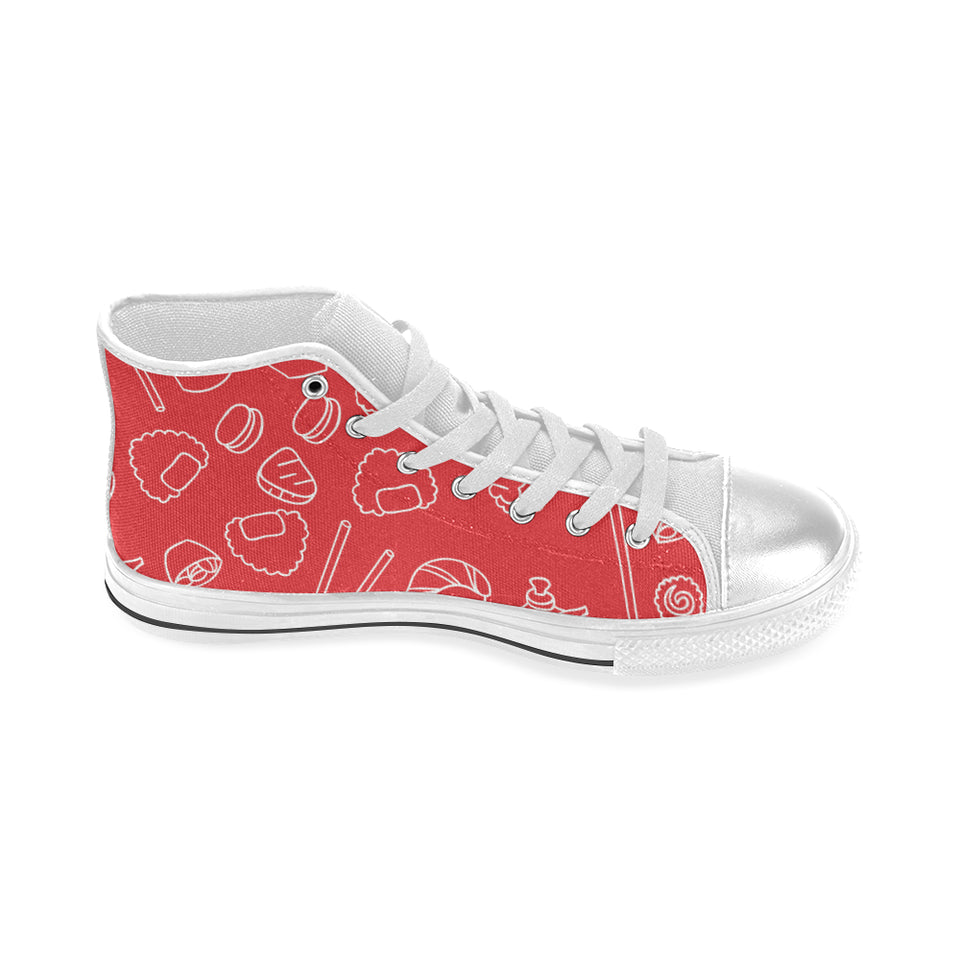 sushi pattern red background Women's High Top Canvas Shoes White