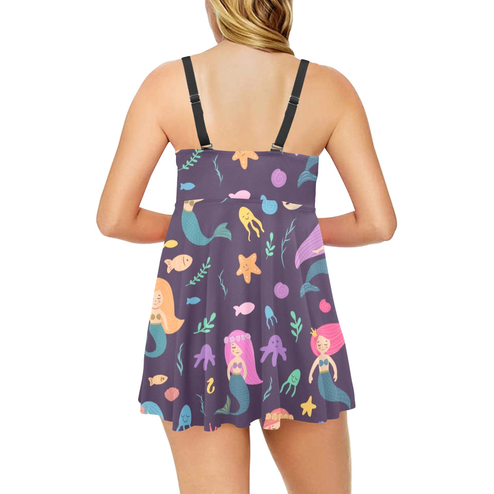 beautiful mermaid Fish jellyfish algae other marin Chest Sexy Pleated Two Piece Swim Dress