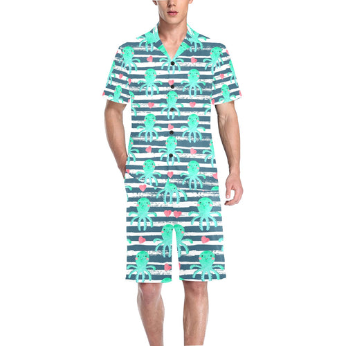 Cute octopuses heart striped background Men's V-Neck Short Pajama Set
