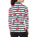 Hand drawn cherry pattern striped background Women's Long Sleeve Polo Shirt