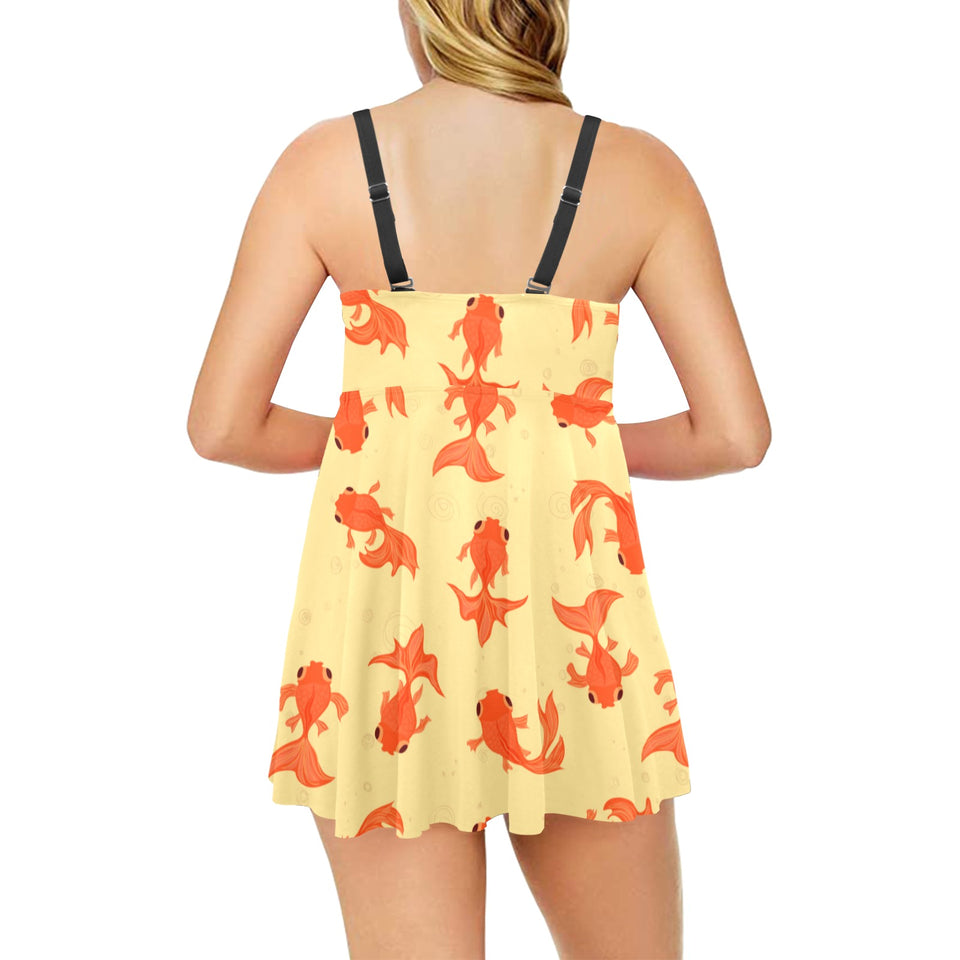 Goldfish Pattern Print Design 02 Chest Sexy Pleated Two Piece Swim Dress