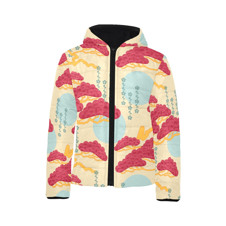 Red Bonsai gray sun japanese pattern Kids' Boys' Girls' Padded Hooded Jacket