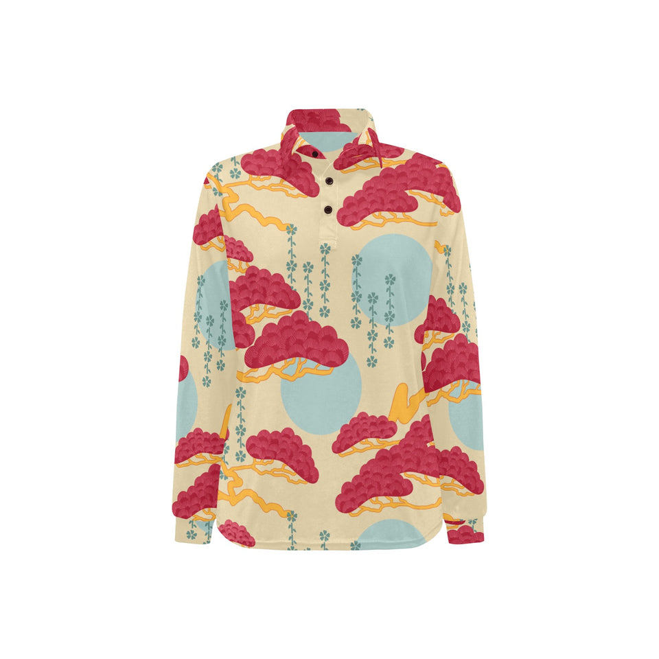 Red Bonsai gray sun japanese pattern Women's Long Sleeve Polo Shirt