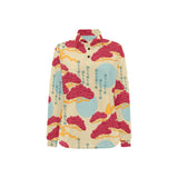 Red Bonsai gray sun japanese pattern Women's Long Sleeve Polo Shirt