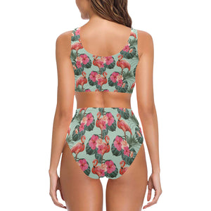 Beautiful flamingo tropical palm leaves hibiscus p Chest Bowknot High Waisted Bikini Swimsuit