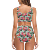 Beautiful flamingo tropical palm leaves hibiscus p Chest Bowknot High Waisted Bikini Swimsuit