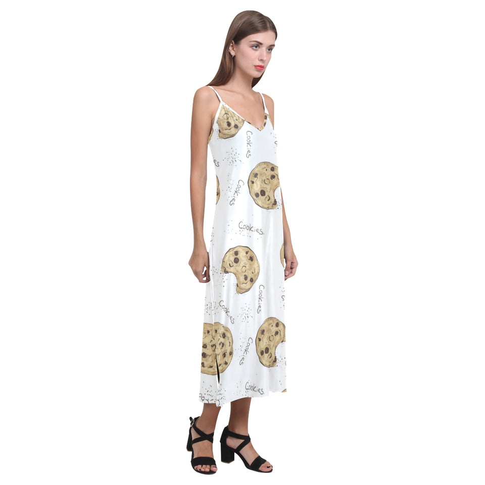 Sketch style cookie pattern V-Neck Open Fork Long Dress