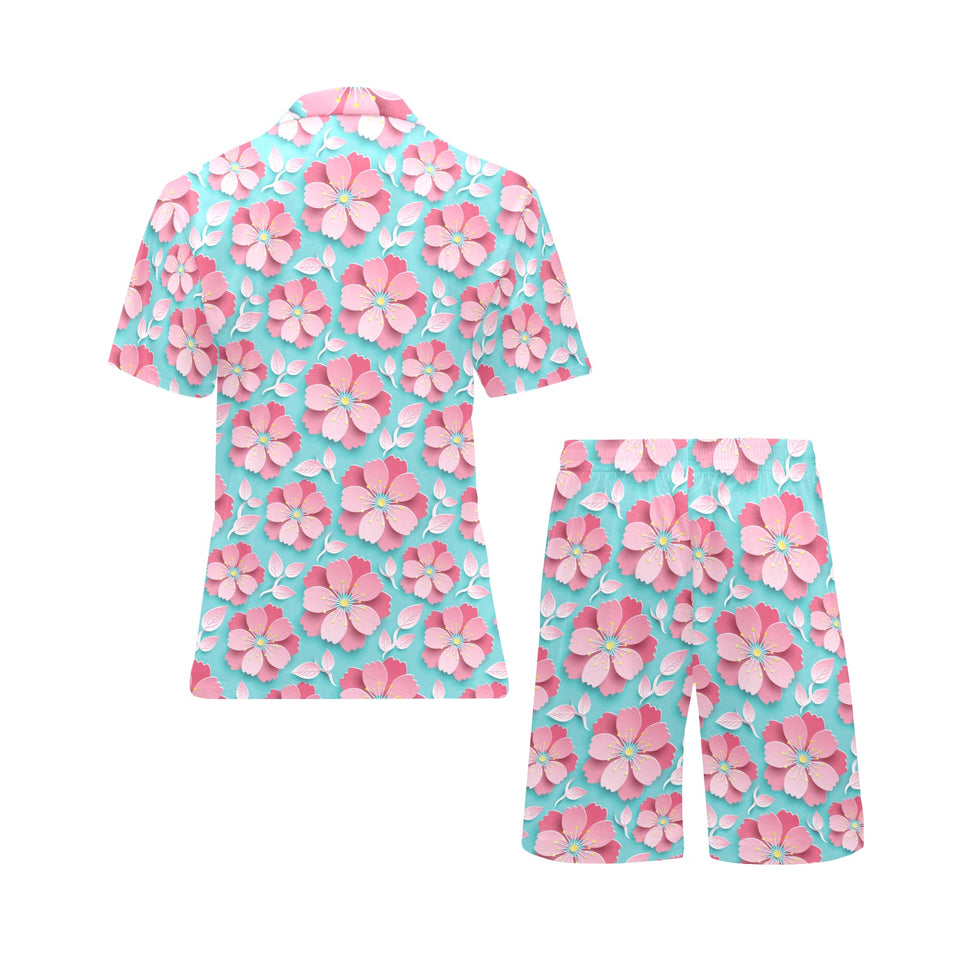 3D sakura cherry blossom pattern Men's V-Neck Short Pajama Set