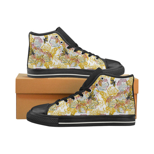 Cool Bee honeycomb leaves pattern Women's High Top Canvas Shoes Black