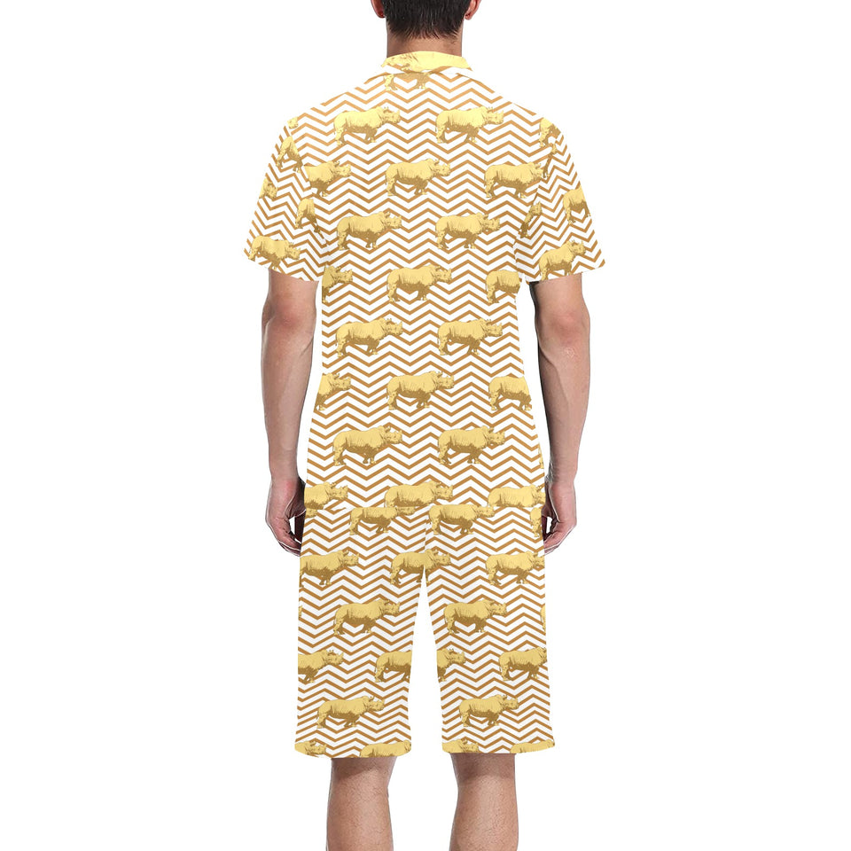 Rhino yellow theme pattern Men's V-Neck Short Pajama Set