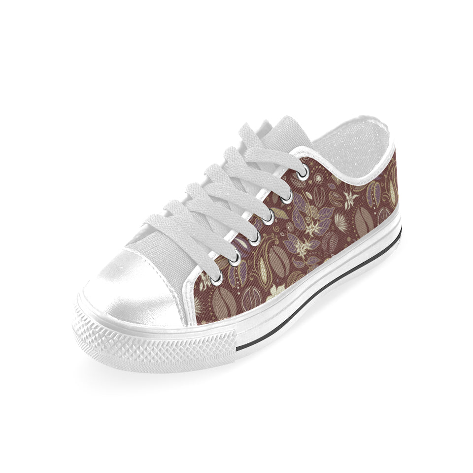 Coffee bean flower pattern Men's Low Top Canvas Shoes White
