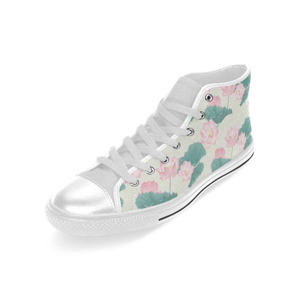 Pink lotus waterlily leaves pattern Men's High Top Canvas Shoes White