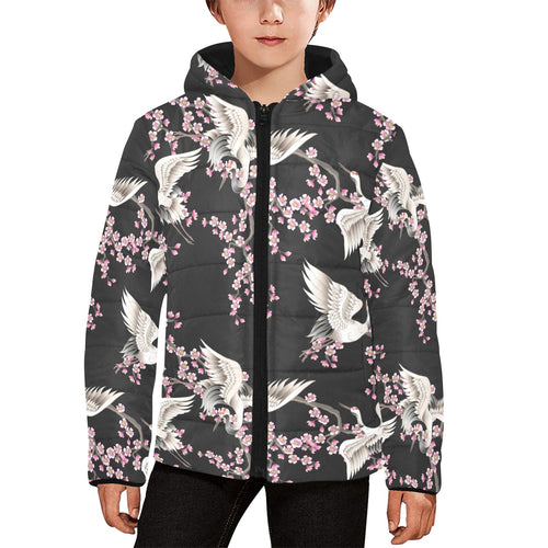 Japanese crane pink sakura pattern Kids' Boys' Girls' Padded Hooded Jacket