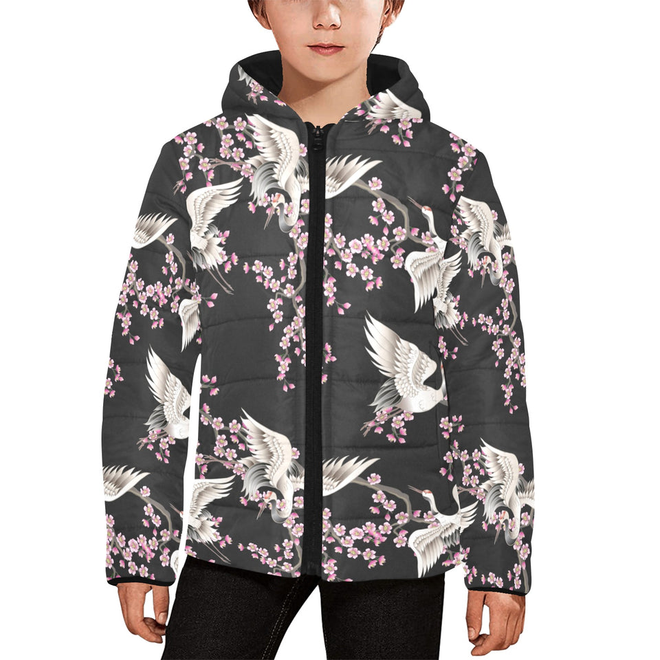 Japanese crane pink sakura pattern Kids' Boys' Girls' Padded Hooded Jacket
