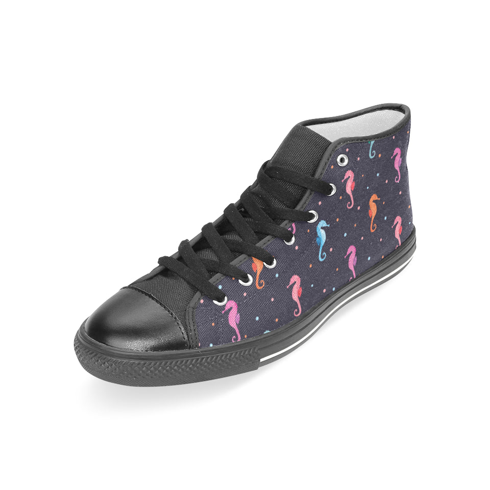 Watercolor colorful seahorse pattern Women's High Top Canvas Shoes Black