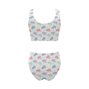 Hippopotamus Pattern Print Design 03 Chest Bowknot High Waisted Bikini Swimsuit