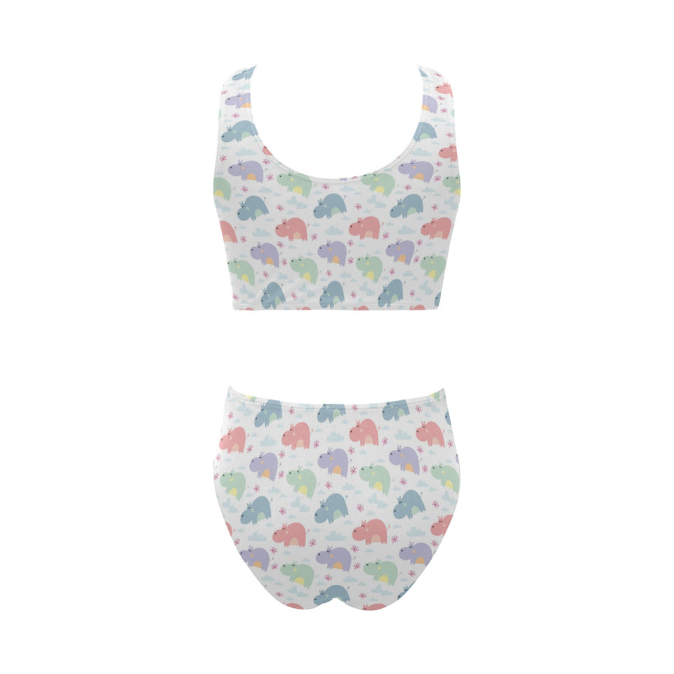 Hippopotamus Pattern Print Design 03 Chest Bowknot High Waisted Bikini Swimsuit