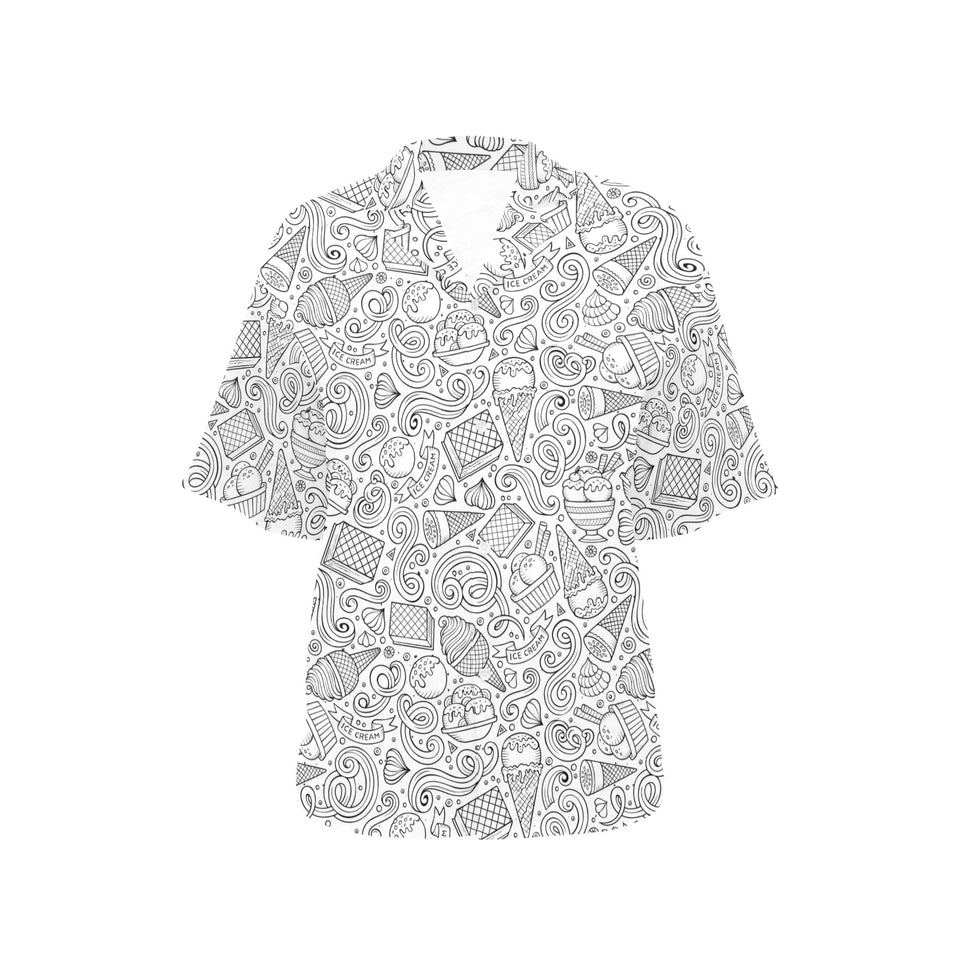 Cartoon hand drawn ice cream black white Women's All Over Print Hawaiian Shirt