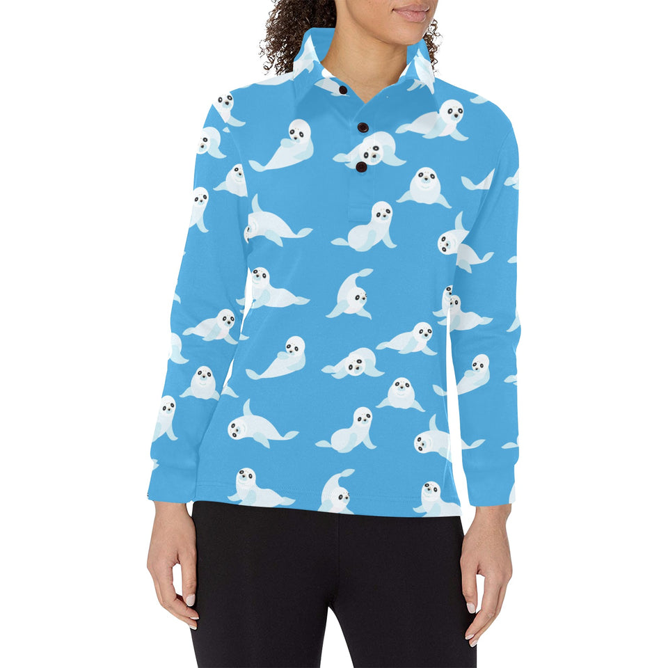 Cute sea lion seal pattern background Women's Long Sleeve Polo Shirt