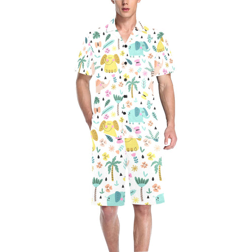Cute elephants palm tree flower butterfly pattern Men's V-Neck Short Pajama Set