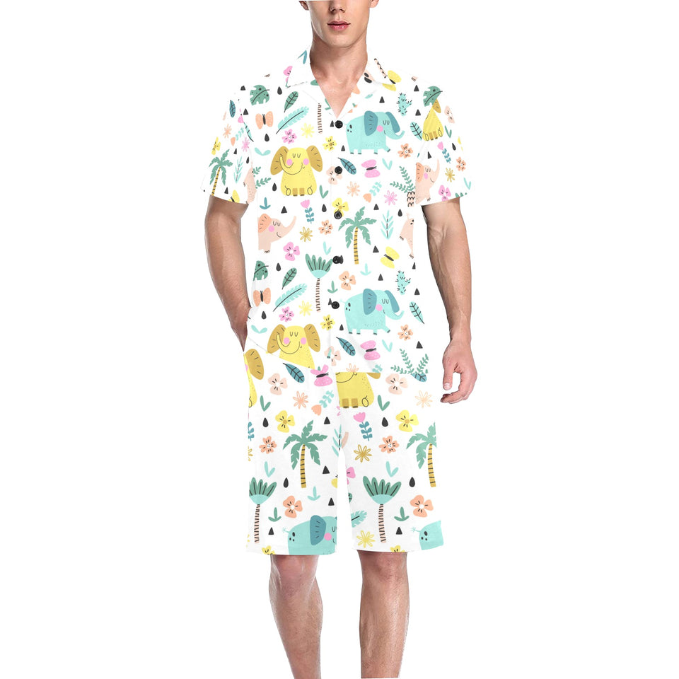 Cute elephants palm tree flower butterfly pattern Men's V-Neck Short Pajama Set