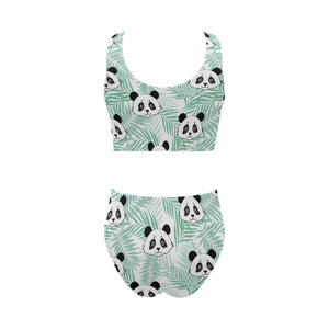 Panda pattern tropical leaves background Chest Bowknot High Waisted Bikini Swimsuit