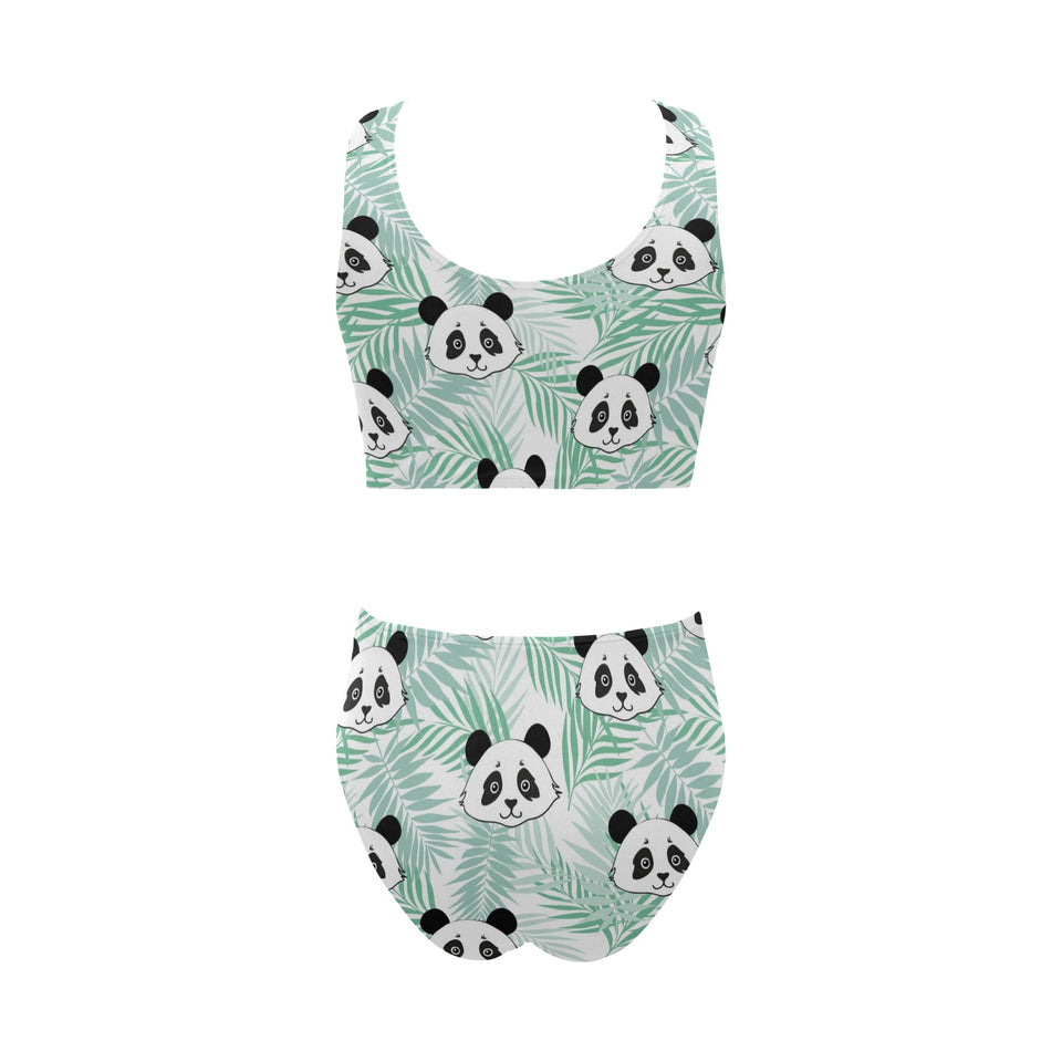 Panda pattern tropical leaves background Chest Bowknot High Waisted Bikini Swimsuit