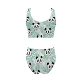 Panda pattern tropical leaves background Chest Bowknot High Waisted Bikini Swimsuit
