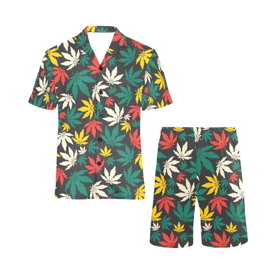 Canabis Marijuana Weed Pattern Print Design 02 Men's V-Neck Short Pajama Set