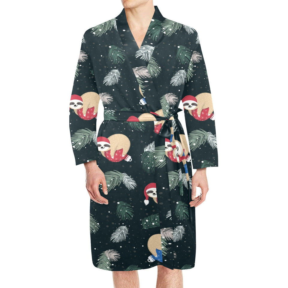 Cute sloths sleeping christmas ball santa hat patt Men's Long Sleeve Belted Night Robe