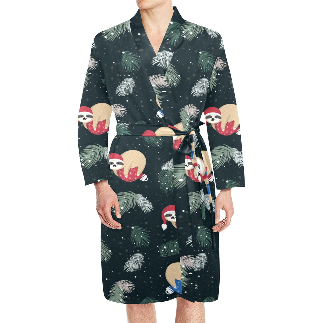 Cute sloths sleeping christmas ball santa hat patt Men's Long Sleeve Belted Night Robe
