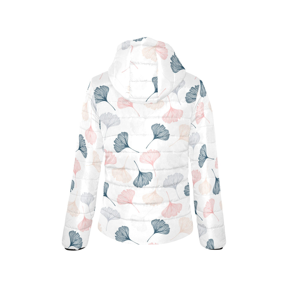 Black Gray Cream coral ginkgo leaves pattern Women's Padded Hooded Jacket