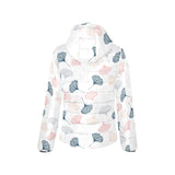 Black Gray Cream coral ginkgo leaves pattern Women's Padded Hooded Jacket