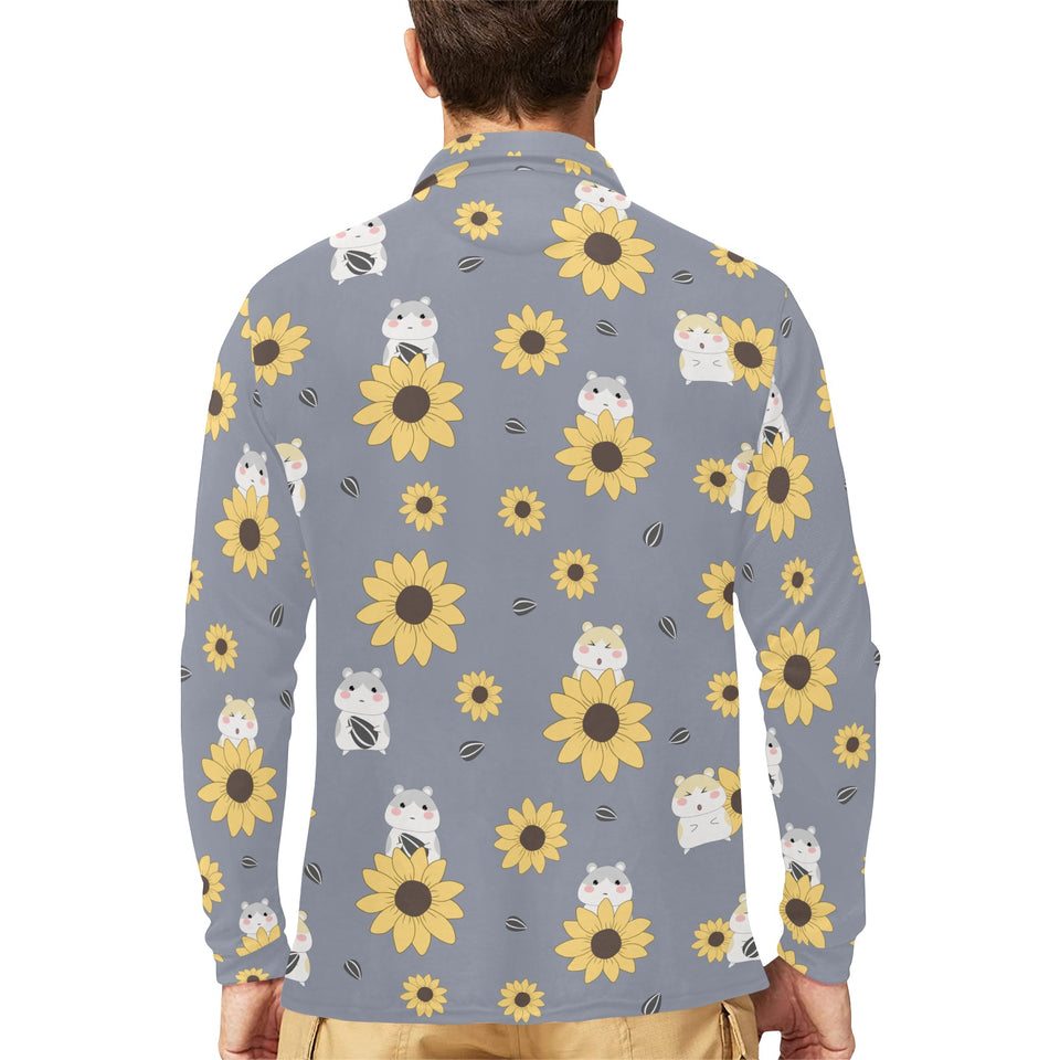 Cute hamster sunflower pattern background Men's Long Sleeve Polo Shirt