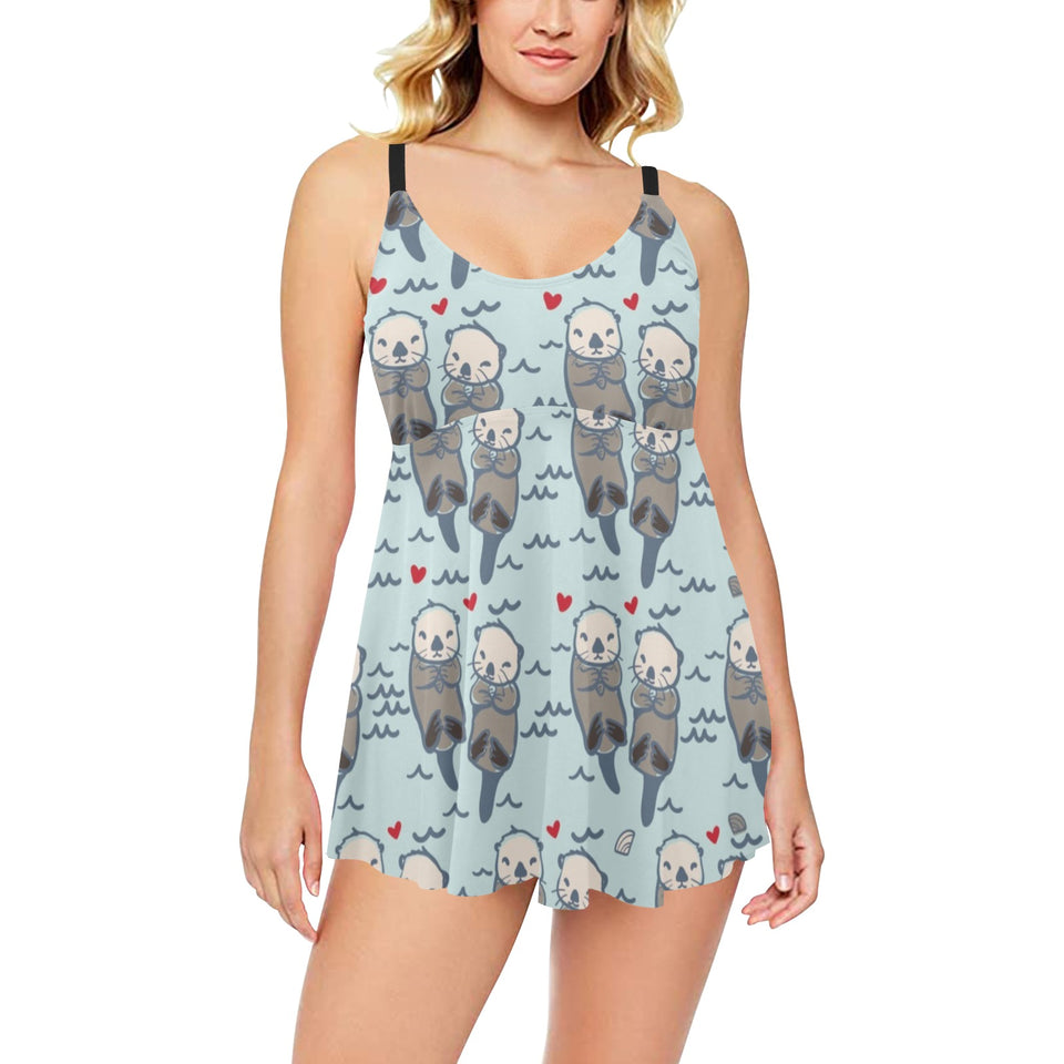 Lovely Sea Otter Pattern Chest Sexy Pleated Two Piece Swim Dress