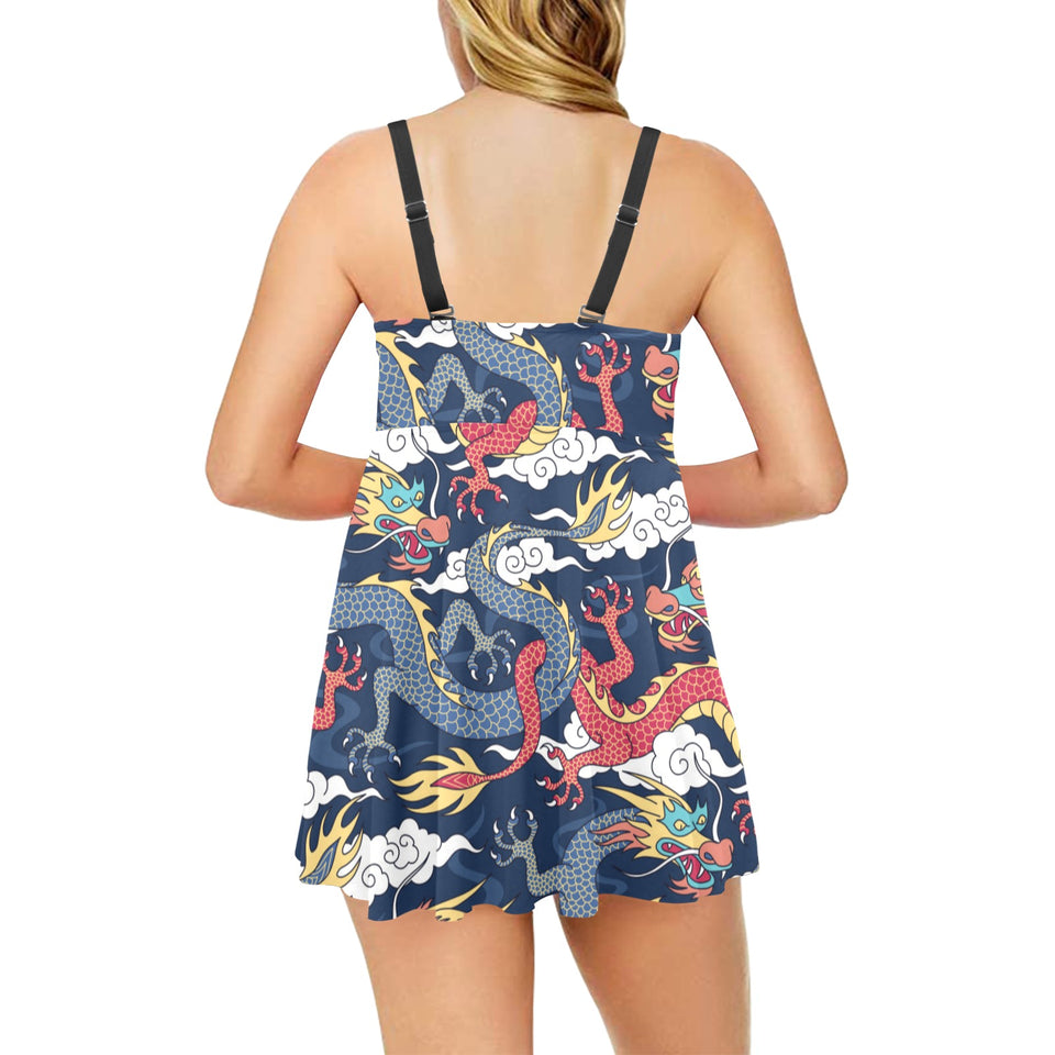 Blue red dragon cloud pattern Chest Sexy Pleated Two Piece Swim Dress