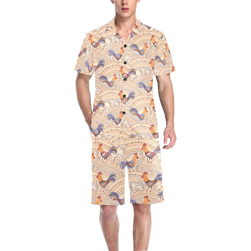 Cute rooster chicken cock floral ornament backgrou Men's V-Neck Short Pajama Set