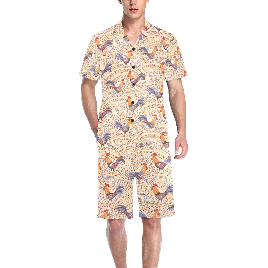 Cute rooster chicken cock floral ornament backgrou Men's V-Neck Short Pajama Set