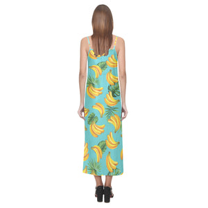 Banana Palm Leaves pattern background V-Neck Open Fork Long Dress