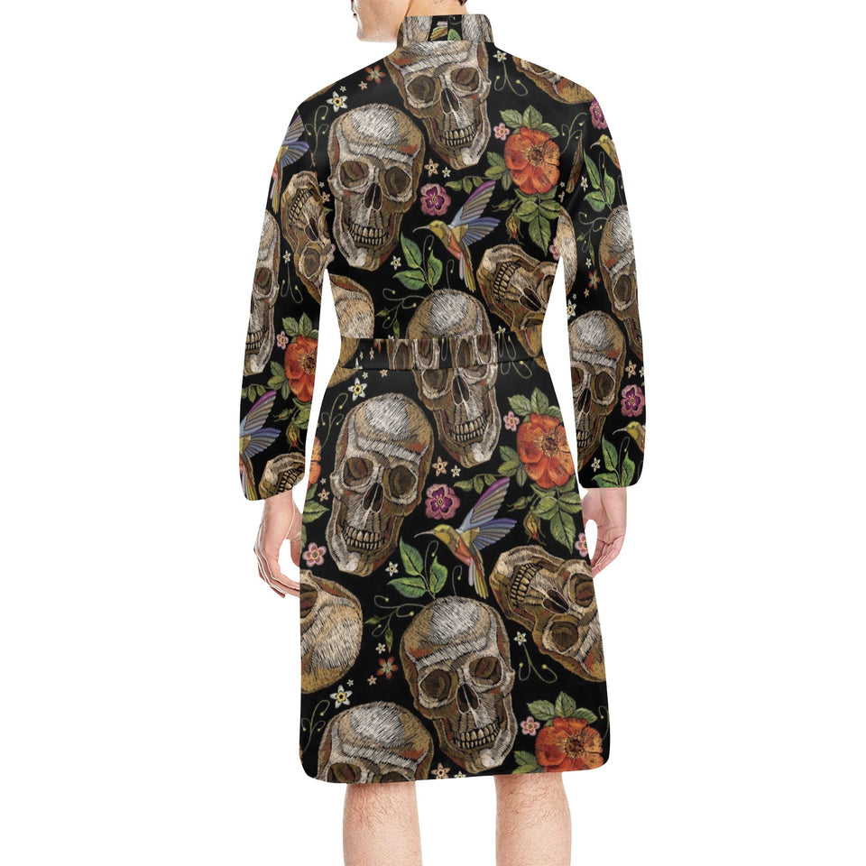 Skull rose humming bird flower pattern Men's Long Sleeve Belted Night Robe