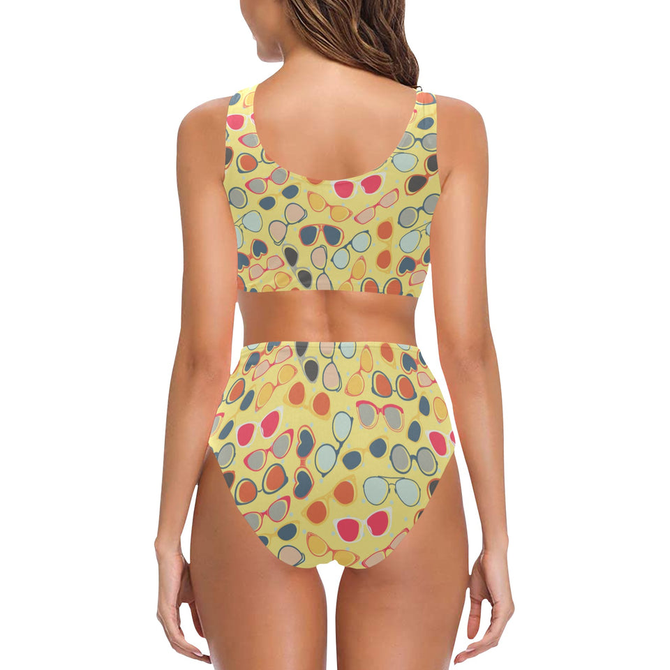 Sun Glasses Pattern Print Design 05 Chest Bowknot High Waisted Bikini Swimsuit