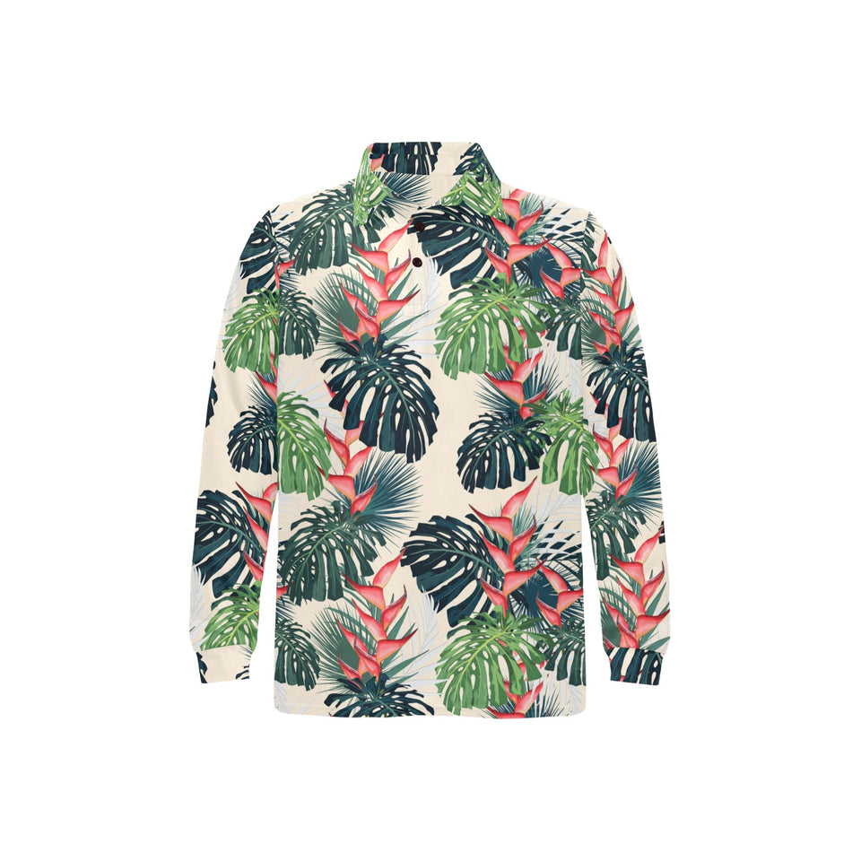 heliconia flowers, palm and monstera leaves Men's Long Sleeve Polo Shirt