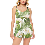 White orchid flower tropical leaves pattern Chest Sexy Pleated Two Piece Swim Dress